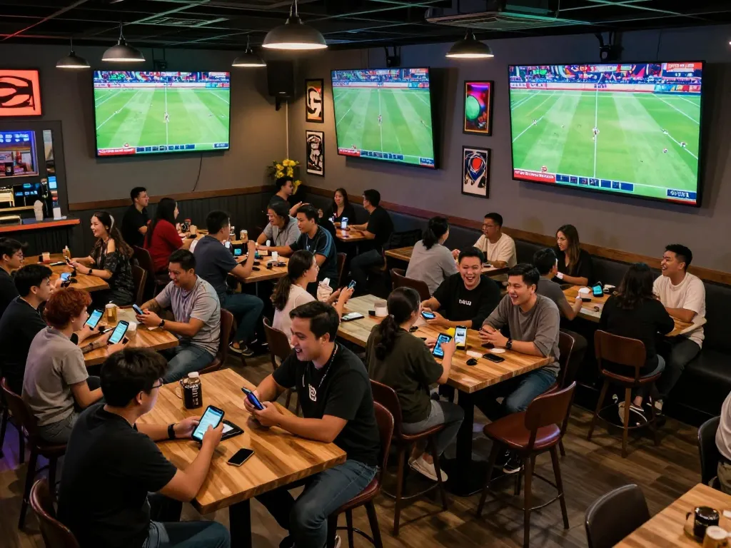 Patrons engaging with kèo nhà cái trực tiếp while watching live sports events in a lively sports bar.
