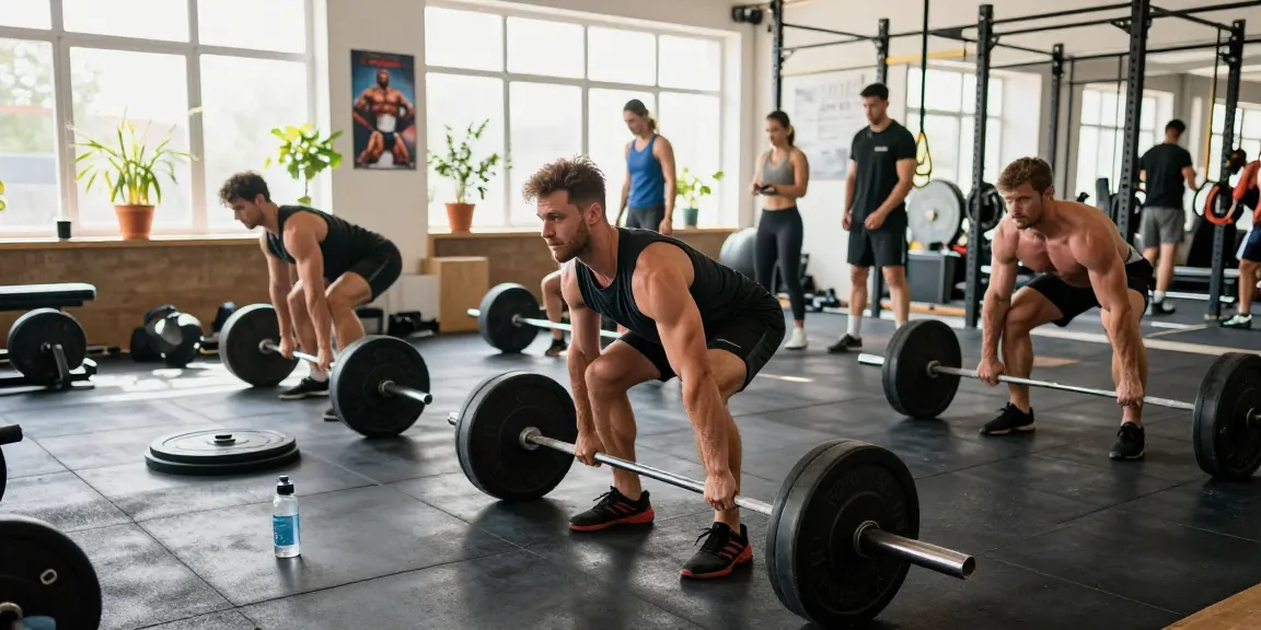 Bodybuilder im Selliza Shop beim Training in einem modernen Fitnessstudio mit Gewichten und motivierenden Elementen.