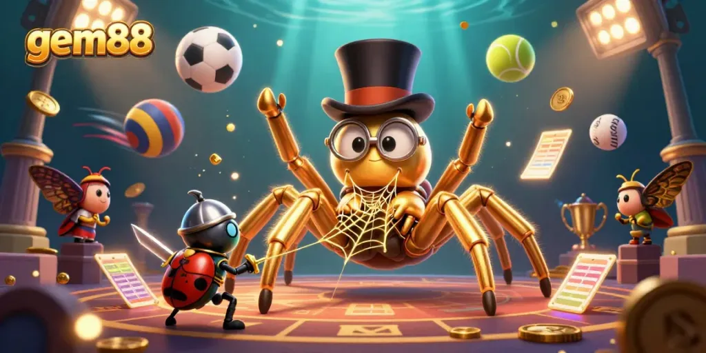 Witness the thrilling action at gem88 as characters engage in exciting casino adventures with golden elements.