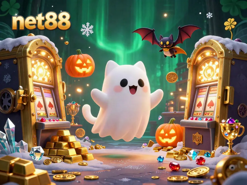 Experience thrilling wins at net88 with a magical scene featuring a ghost cat and treasures.