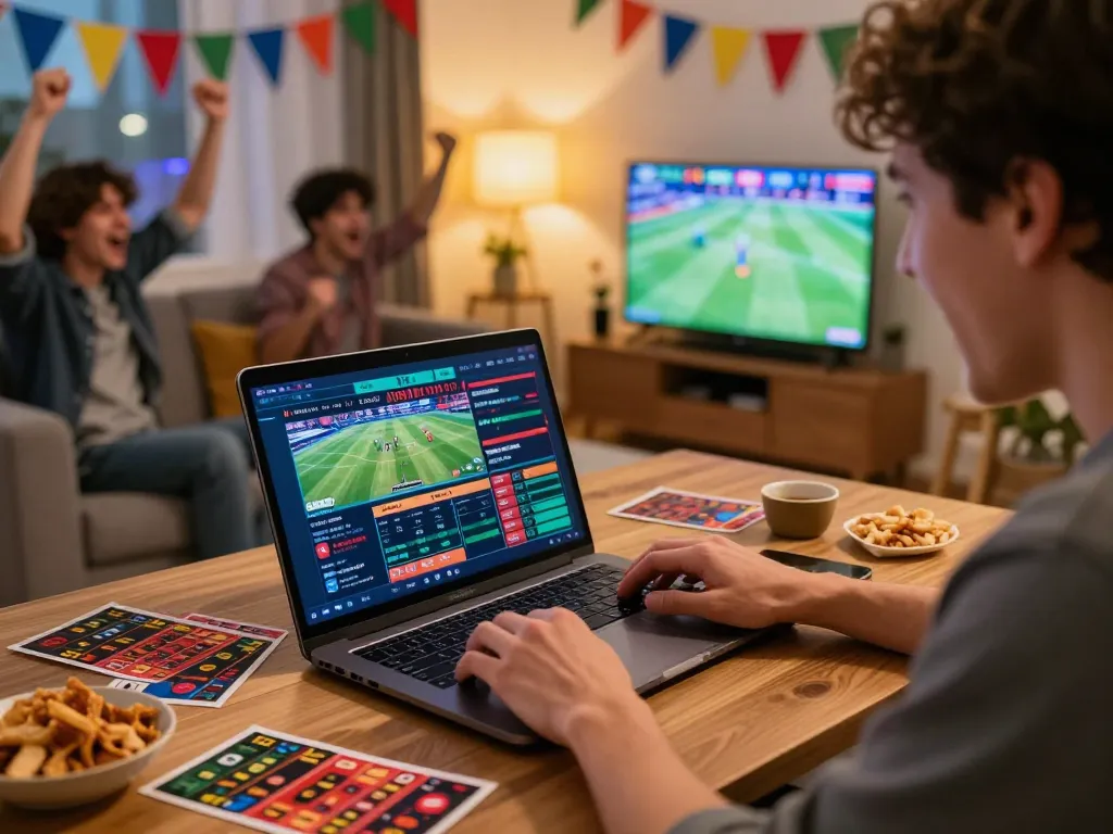 Exciting online betting at cổng game 79club with friends watching sports and placing bets.
