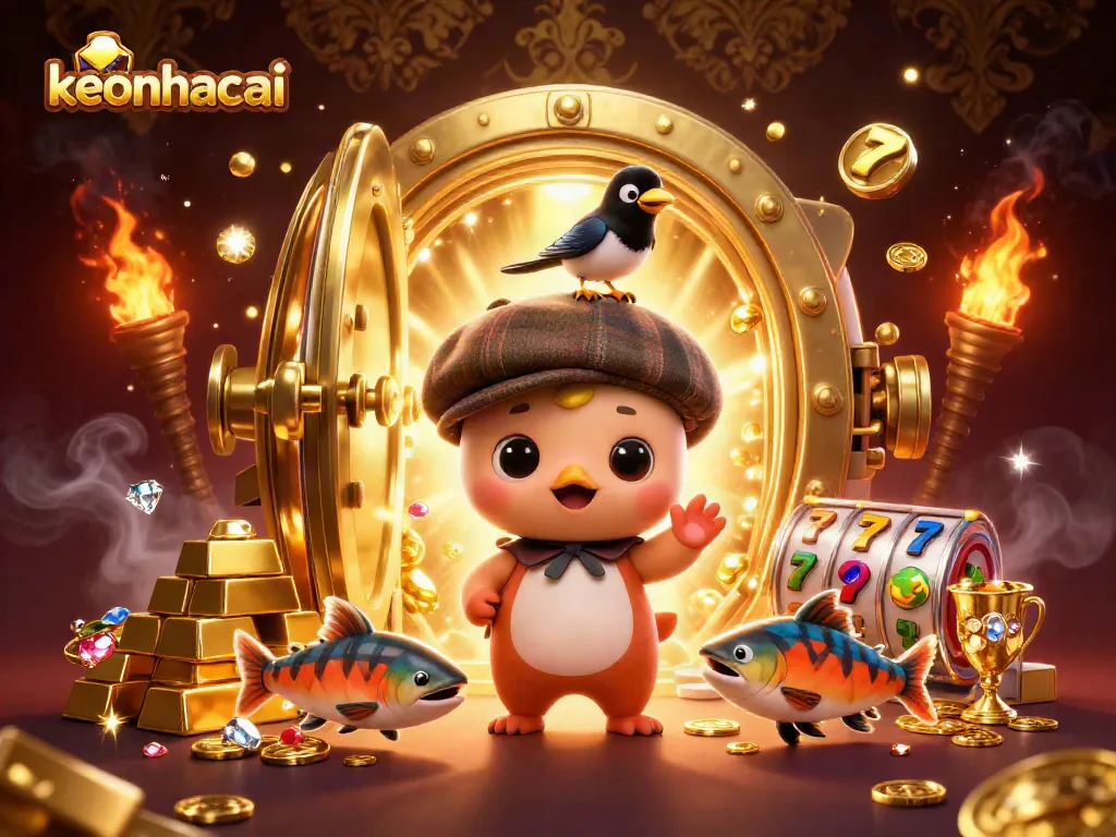 Engaging scene with keonhacai featuring Nessie, gold treasures, and vibrant slot reels.