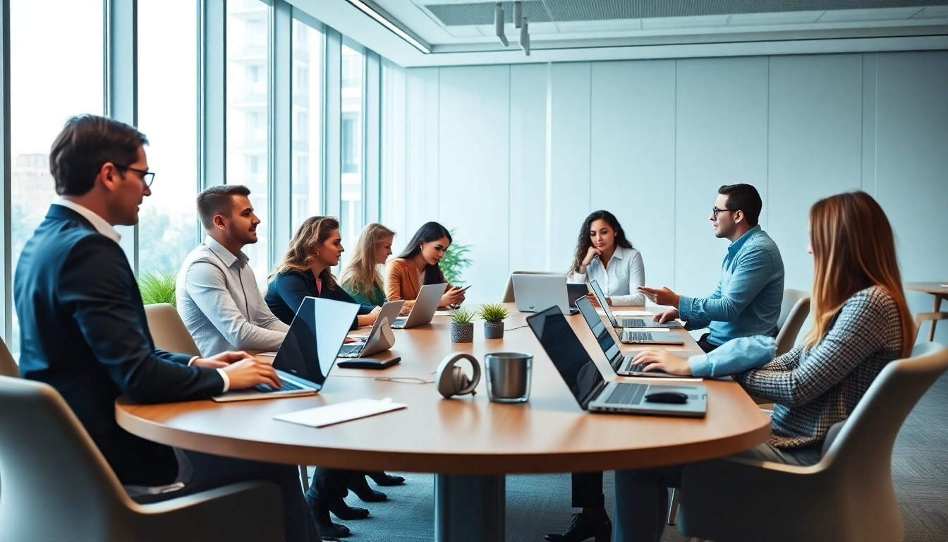 IT Consulting team collaborating in a modern office setting during a strategic meeting.