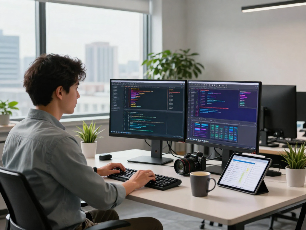 Software engineer coding at modern workspace with debet-related applications and vibrant screens.