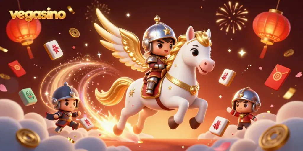 Experience thrilling gaming at vegasino with a galloping celestial horse and vibrant casino elements.