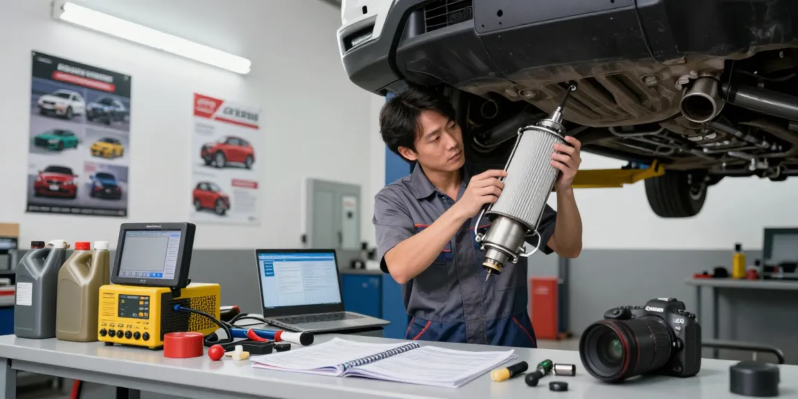 Partikelfilter Reinigen in einer Kfz-Werkstatt, Techniker inspiziert den Dieselpartikelfilter auf qualitativ hochwertigen Service.