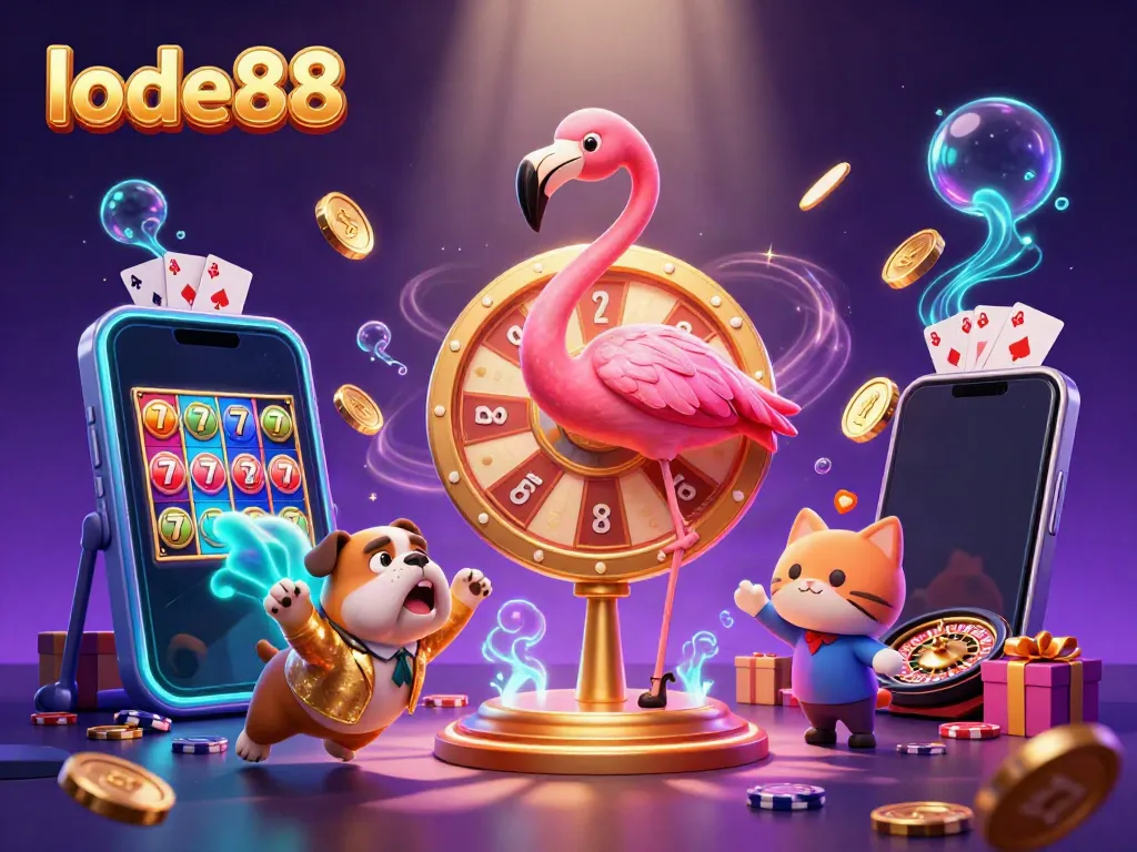 Engage with the lode88 adventure - a lively scene with a cartoon flamingo host, bulldog contestant, and prize reveals in a dynamic casino environment.