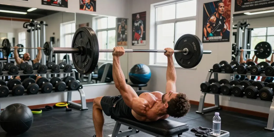 Kraftsportler im Prime Pharma Shop trainiert mit Gewichten in modernem Fitnessstudio.