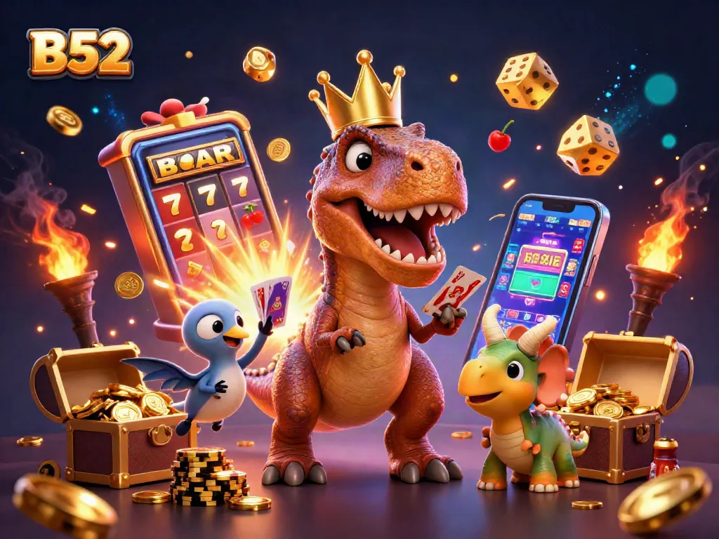 B52 characters enjoying a casino game with vibrant slot machines and dynamic chips.