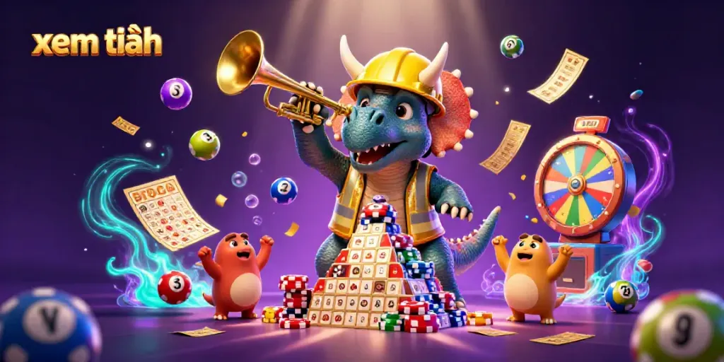 Engage with the dynamic scene of xem thêm featuring a triceratops building poker chips with vibrant lottery balls bouncing around.