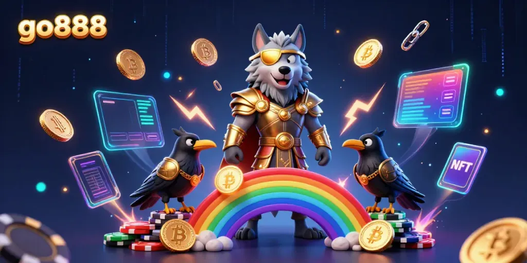 Engage in thrilling action at go888 with a dynamic 3D casino scene featuring gods and crypto elements.