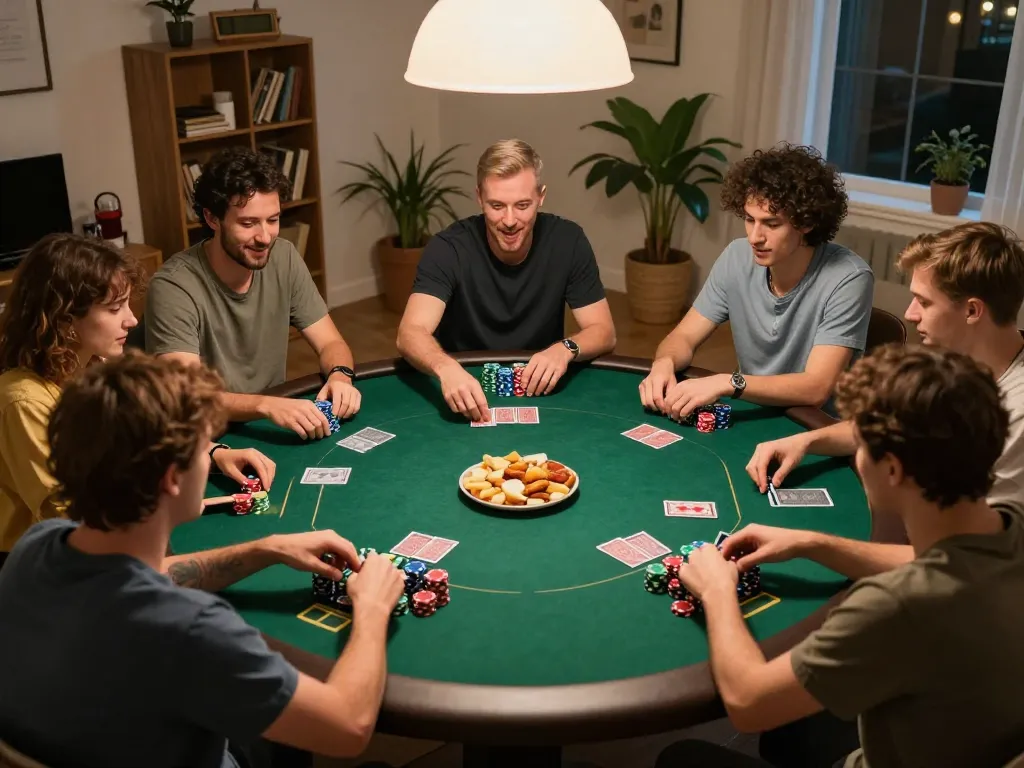 lc88 home poker night with friends at a round table enjoying exciting gameplay and strategic decisions.