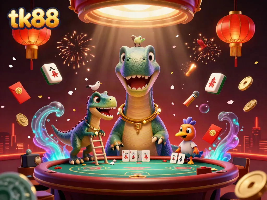 Experience the thrill of tk88 as a massive brontosaurus oversees a lively poker game in a vibrant casino.