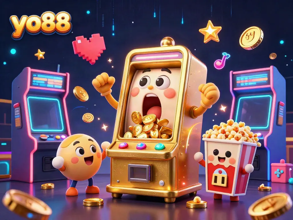 Experience the excitement of yo88 with a cartoon slot machine celebrating a jackpot amid colorful game elements.