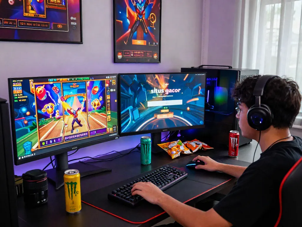 Player engaged with situs gacor online slot games in a modern gaming setup with vibrant visuals and gaming gear.