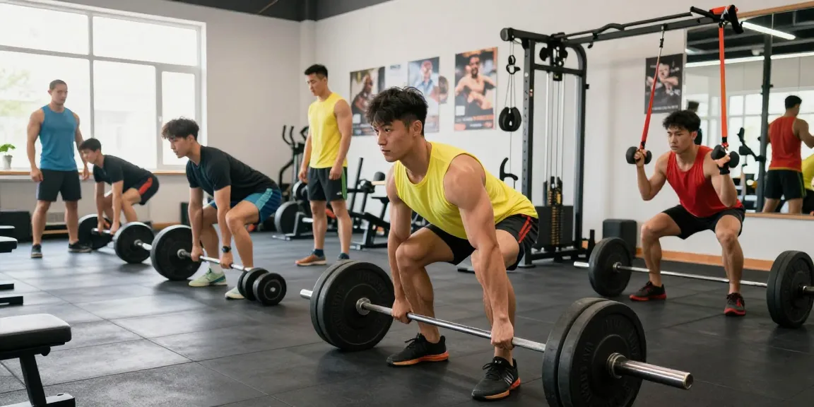 Bodybuilders training together in Anabolika Shop gym with weights and equipment
