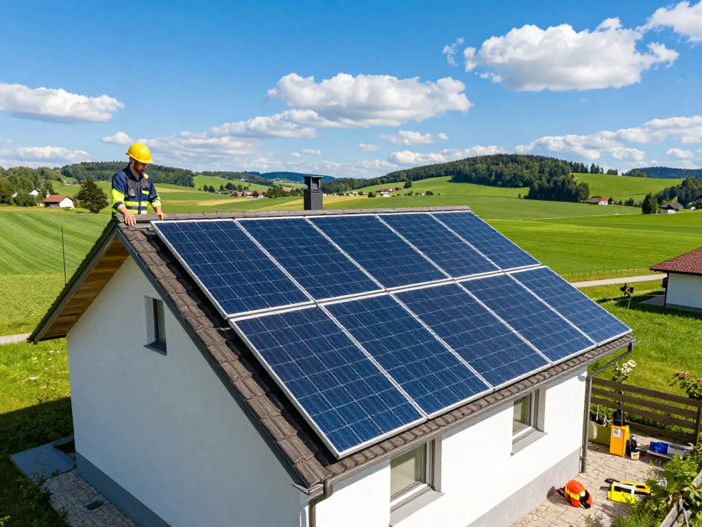 Photovoltaik Bayern: Techniker inspiziert Solarpanels in der bayerischen Landschaft und zeigt Lösungen für erneuerbare Energien.