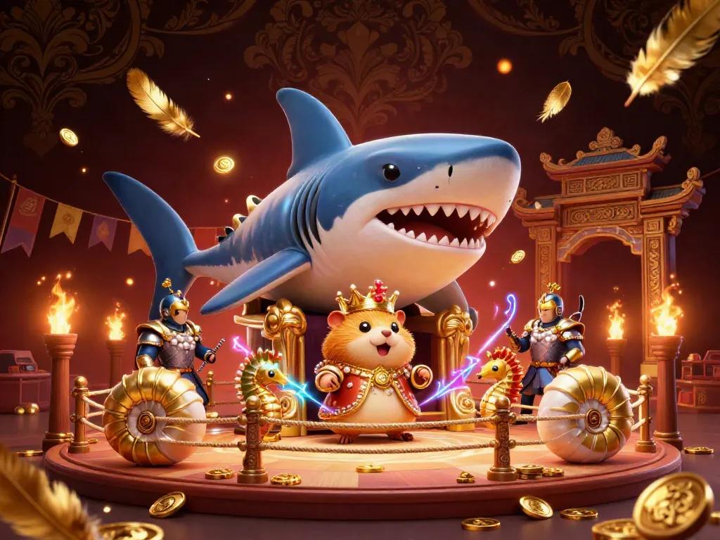 Engage with the vibrant world of fabet as golden hamster king rules from a megalodon throne amidst swirling casino elements.