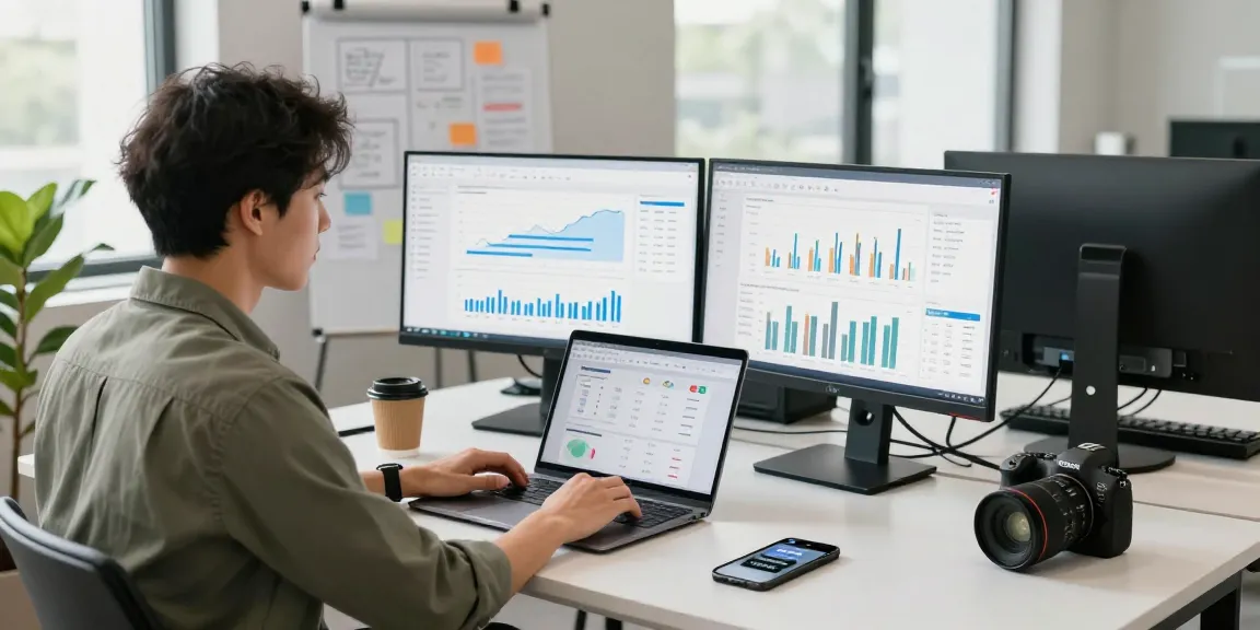 Marketing-Strategin analysiert Daten in einem digitalen Arbeitsbereich, der sich auf MyQuests Online-Marketing-Strategien konzentriert.