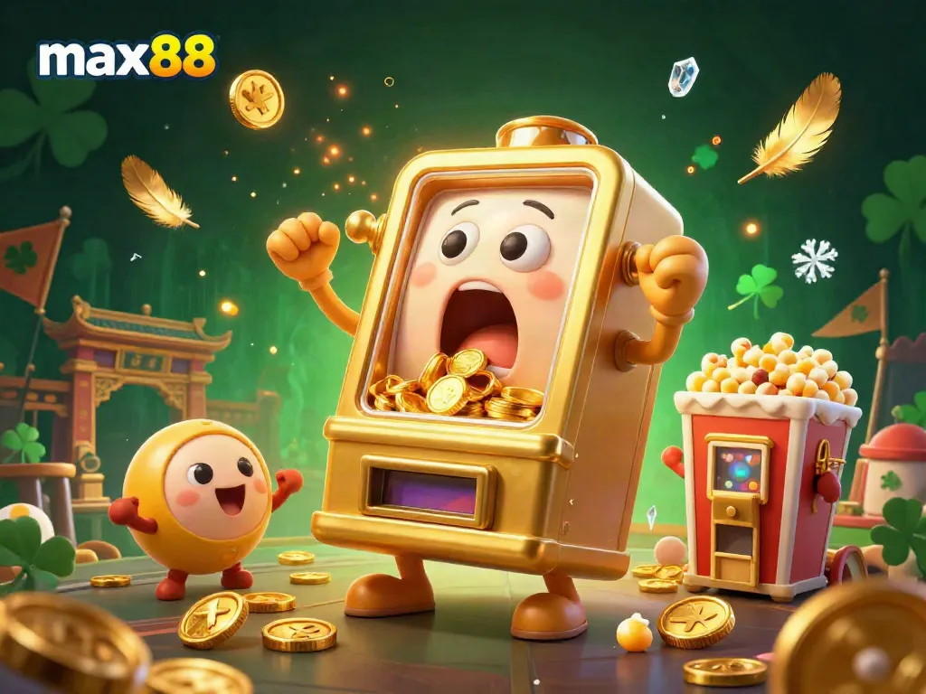 Experience the excitement of max88 as slot machines hit jackpots and coins overflow in this vibrant casino scene.