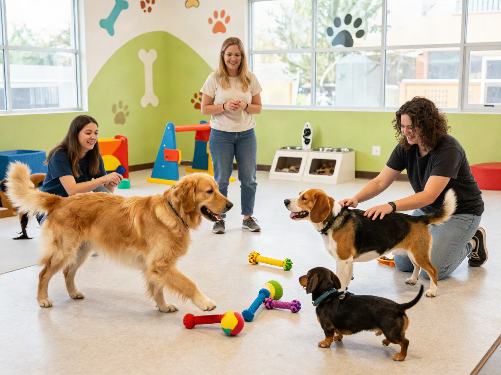 Dogs playing and interacting in a daycare setting, featuring depo 10k training techniques