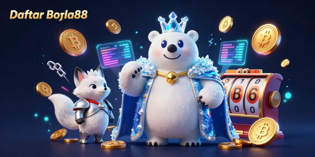 Experience excitement with Daftar Bola88, featuring a polar bear king and silver fox in a vibrant casino scene.