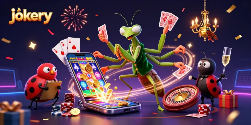Experience excitement at jokery casino with a vibrant 3D scene featuring a mantis card sharp and ladybug pit boss.