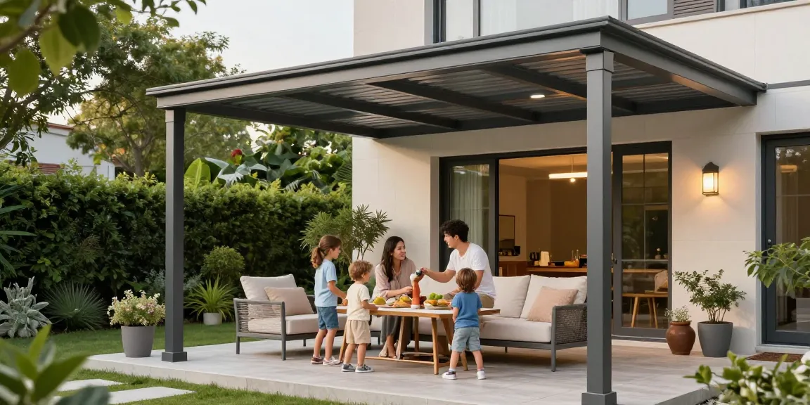 Moderne Terrassenüberdachung mit Familie im Garten genießen