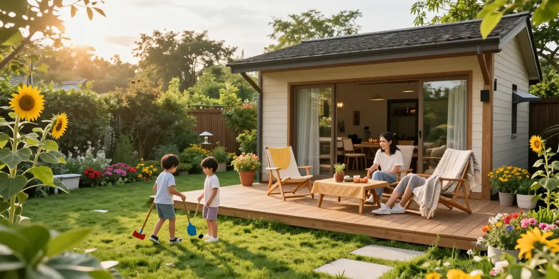 Familie genießt Zeit in ihrem Gartenhaus mit blühenden Blumen und Sonnenstrahlen