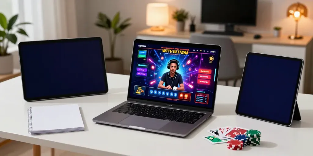 Player engaging with fc88 online casino on a laptop amidst vibrant gaming graphics and surroundings.