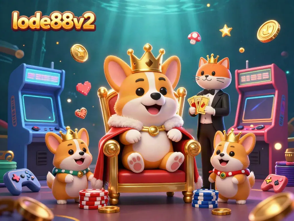 Engage with exciting games at lode88v2 featuring a royal corgi and dazzling casino elements.