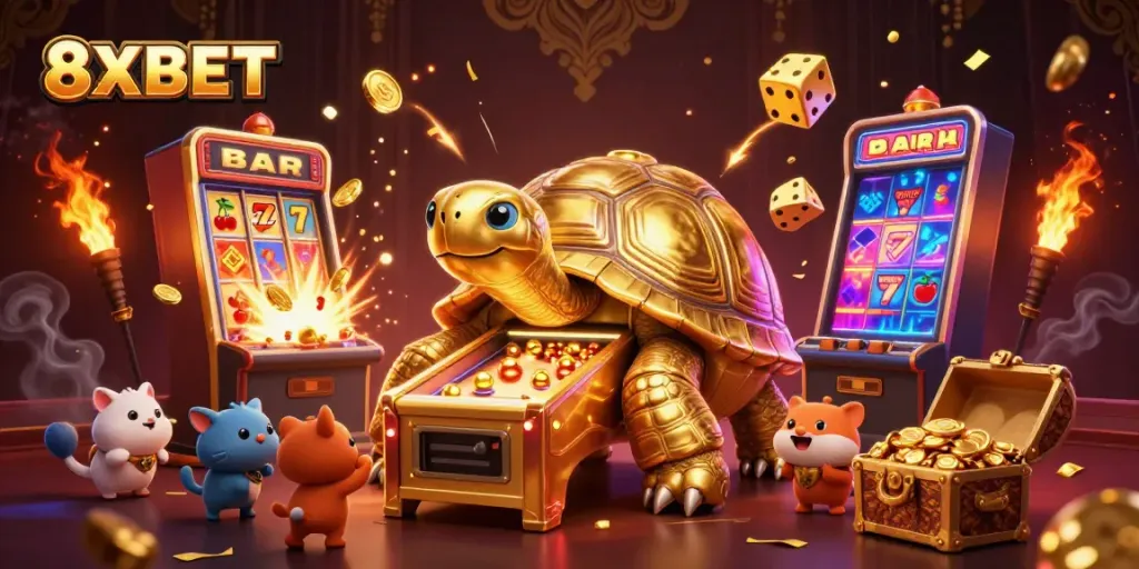 Experience thrilling wins with 8XBET, where a golden tortoise and jackpot symbols create excitement.