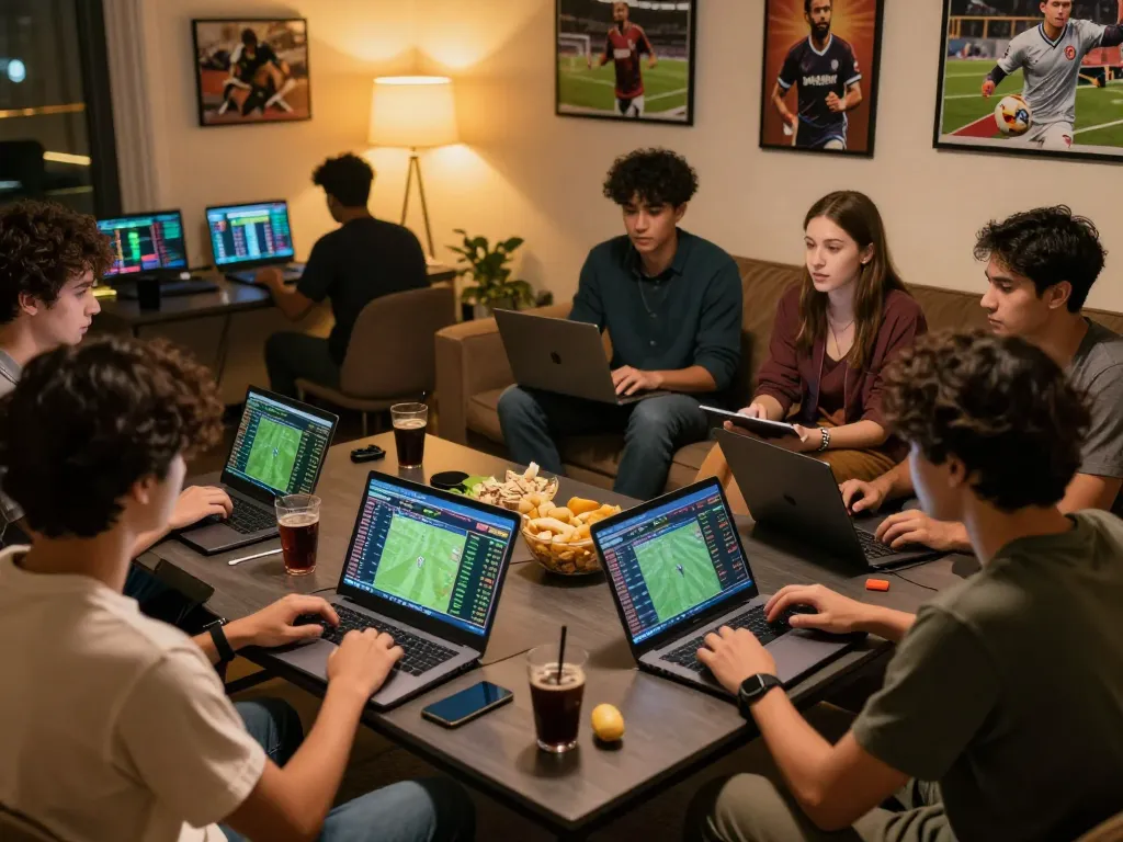 Soi keo nha cai in a vibrant online sports betting setting with friends discussing strategies and odds.