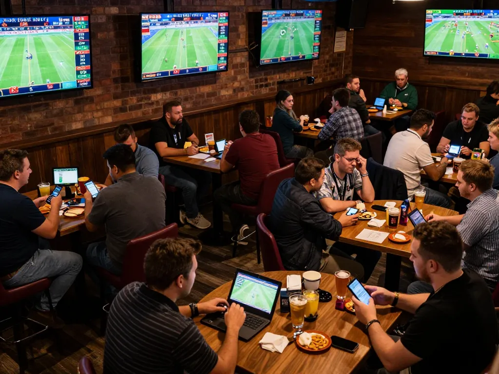 Engaged bettors tracking kèo nhà cái during live sports events in a vibrant setting