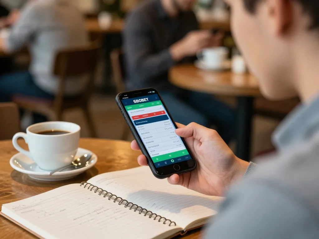 Aplikasi taruhan SBOBET ditampilkan di layar smartphone selama sesi taruhan olahraga yang intens di sebuah kafe.
