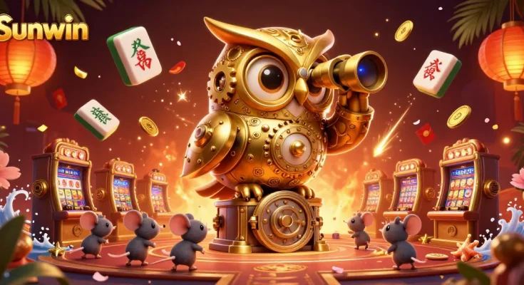 Engage with Sunwin's thrilling casino atmosphere featuring a clockwork owl and vibrant game elements.