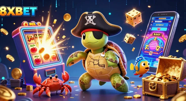 8XBET pirate turtle and friends celebrating a jackpot win surrounded by colorful casino elements.