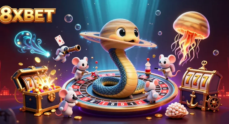Engage in thrilling betting with 8XBET's cosmic casino experience featuring a roulette wheel and astronaut mice.
