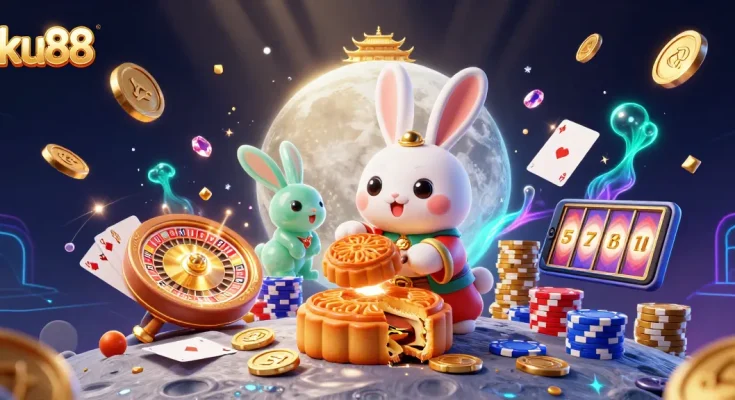 Engage in the excitement of ku88 with a moon rabbit and poker chips in a dazzling casino scene.
