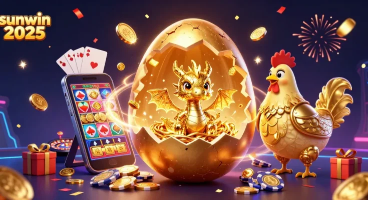 Experience sunwin 2026 with a dazzling golden dragon and gaming excitement displayed among casino elements.