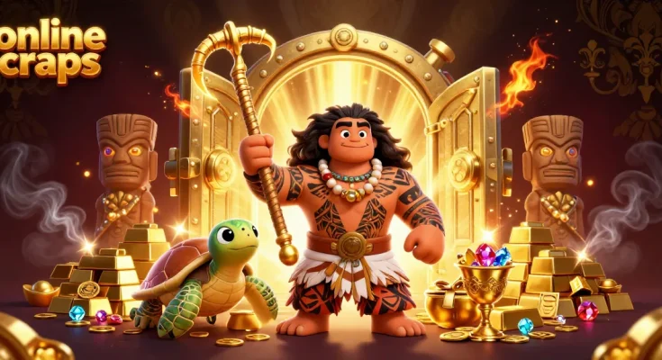 Engage in online craps with vibrant 3D cartoon characters and golden treasures in a dynamic casino scene.