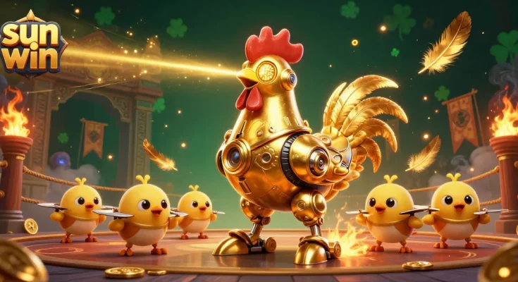 Engage in the sun win experience with a thrilling battle scene of a golden rooster robot and baby chick drones.